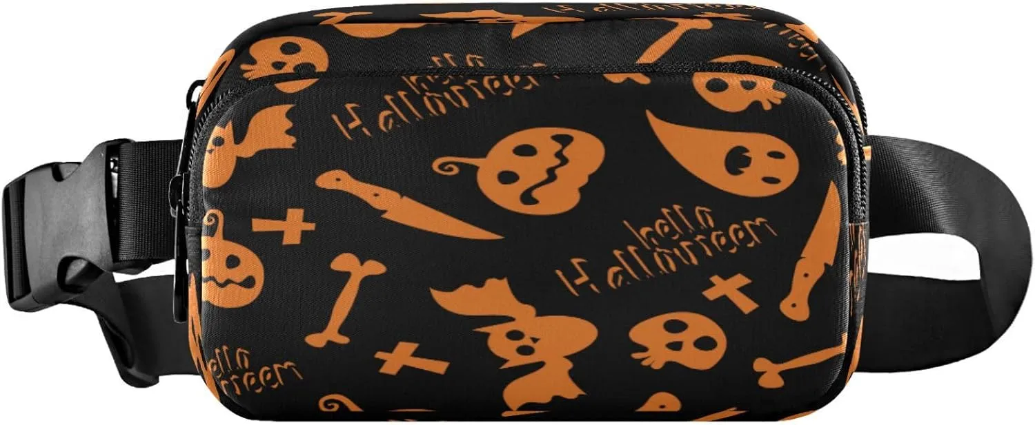 Boccsty Hello Halloween Skull Bats Belt Bag for Women Men Fanny Pack Small Waist Pouch Crossbody Bags for Outdoor Hiking Running Travel