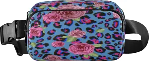 Boccsty Roses Blue Leopard Skin Belt Bag for Women Men Fanny Pack Small Waist Pouch Crossbody Bags for Outdoor Hiking Running Travel