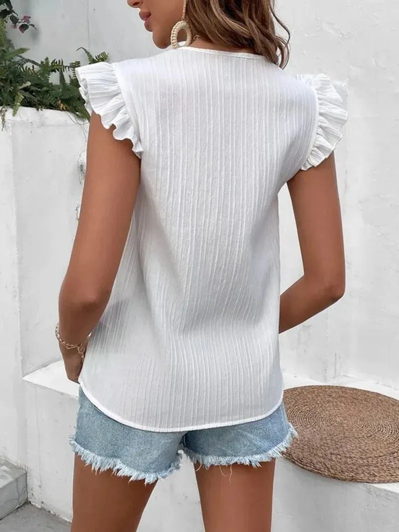 Bonnyshow  Elegant Women's Blouse   Summer V-Neck  Lace Casual Lady White Shirt Short Sleeve Tops S-XXXL