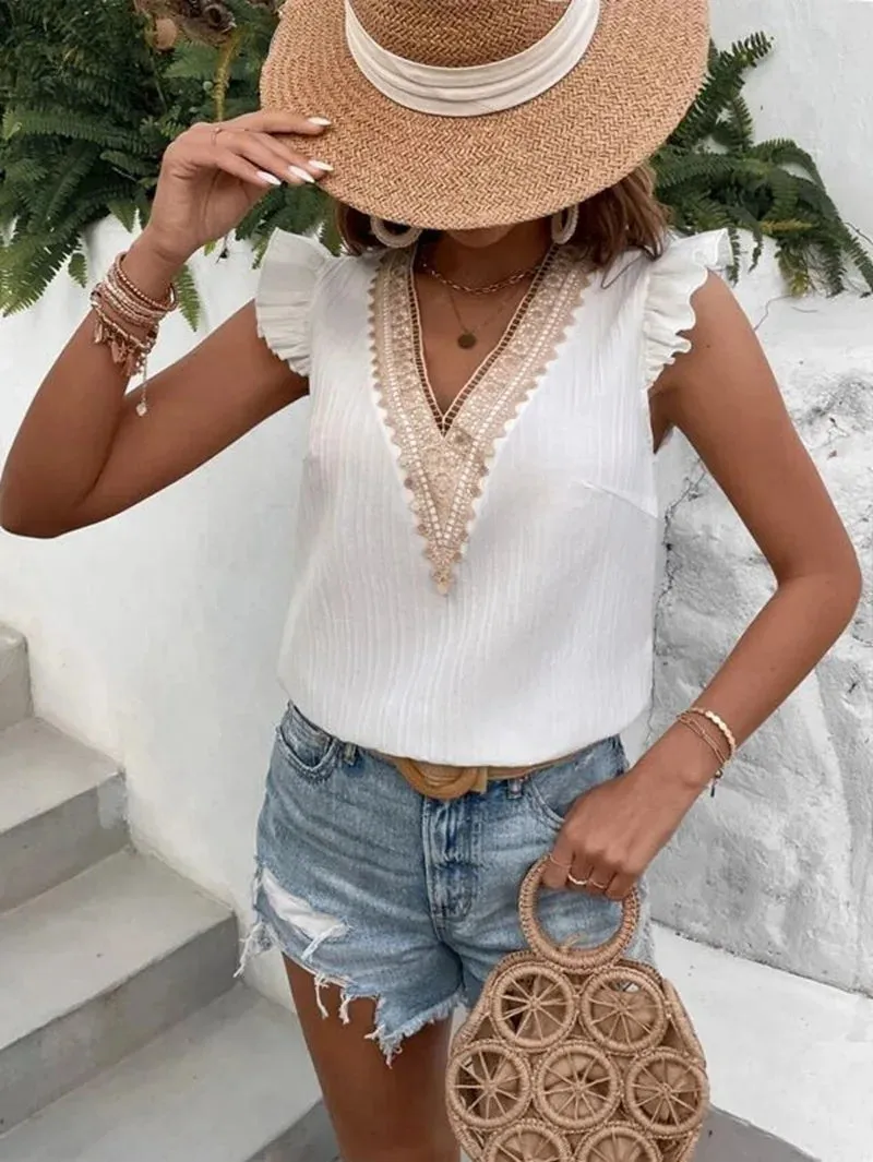 Bonnyshow  Elegant Women's Blouse   Summer V-Neck  Lace Casual Lady White Shirt Short Sleeve Tops S-XXXL