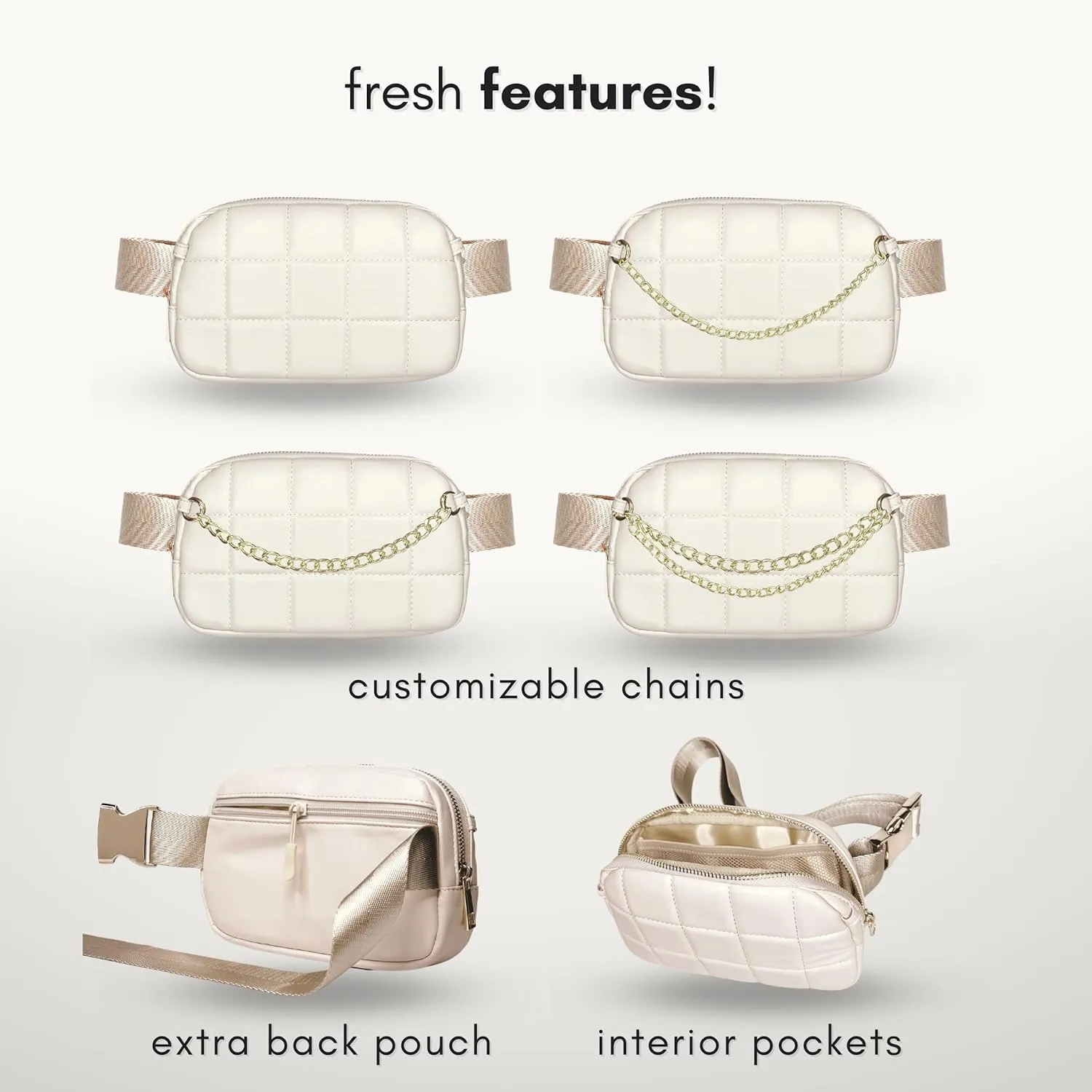 Boutique Luxury Chain Belt Bag | Crossbody Bag Leather Fanny Pack for Women Fashionable | Cute Everywhere Bum Hip Waist Designer Pack | Small Travel Fashion Chest Bag (Extended Strap, Cream | Square)