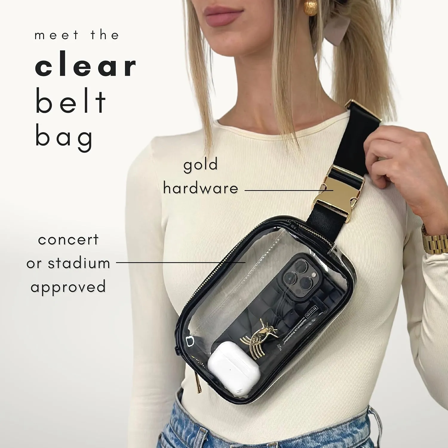 Boutique Luxury Chain Belt Bag | Crossbody Bag Leather Fanny Pack for Women Fashionable | Extended Plus Size | Everywhere Waist Pack | Small Chest Bag (Small Strap Length, Black | Clear)