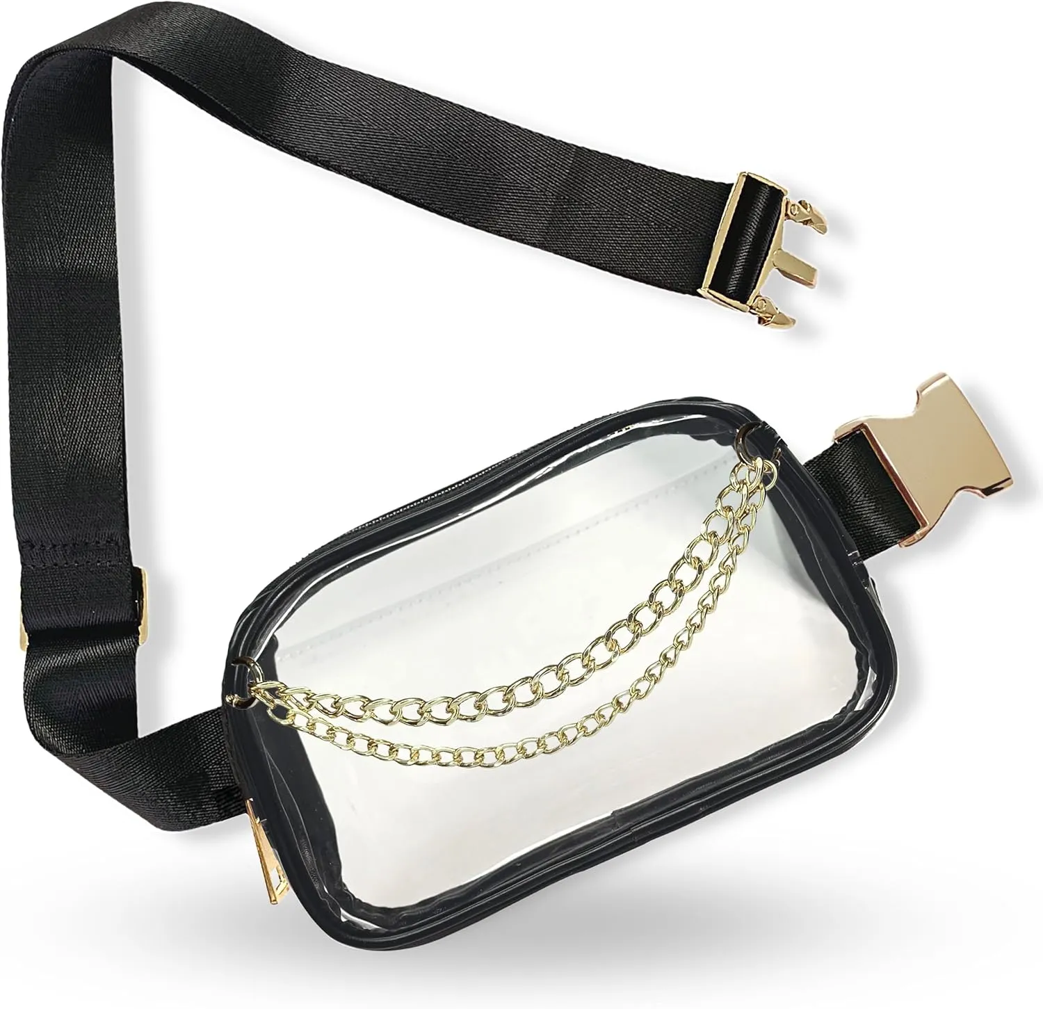 Boutique Luxury Chain Belt Bag | Crossbody Bag Leather Fanny Pack for Women Fashionable | Extended Plus Size | Everywhere Waist Pack | Small Chest Bag (Small Strap Length, Black | Clear)