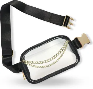 Boutique Luxury Chain Belt Bag | Crossbody Bag Leather Fanny Pack for Women Fashionable | Extended Plus Size | Everywhere Waist Pack | Small Chest Bag (Small Strap Length, Black | Clear)