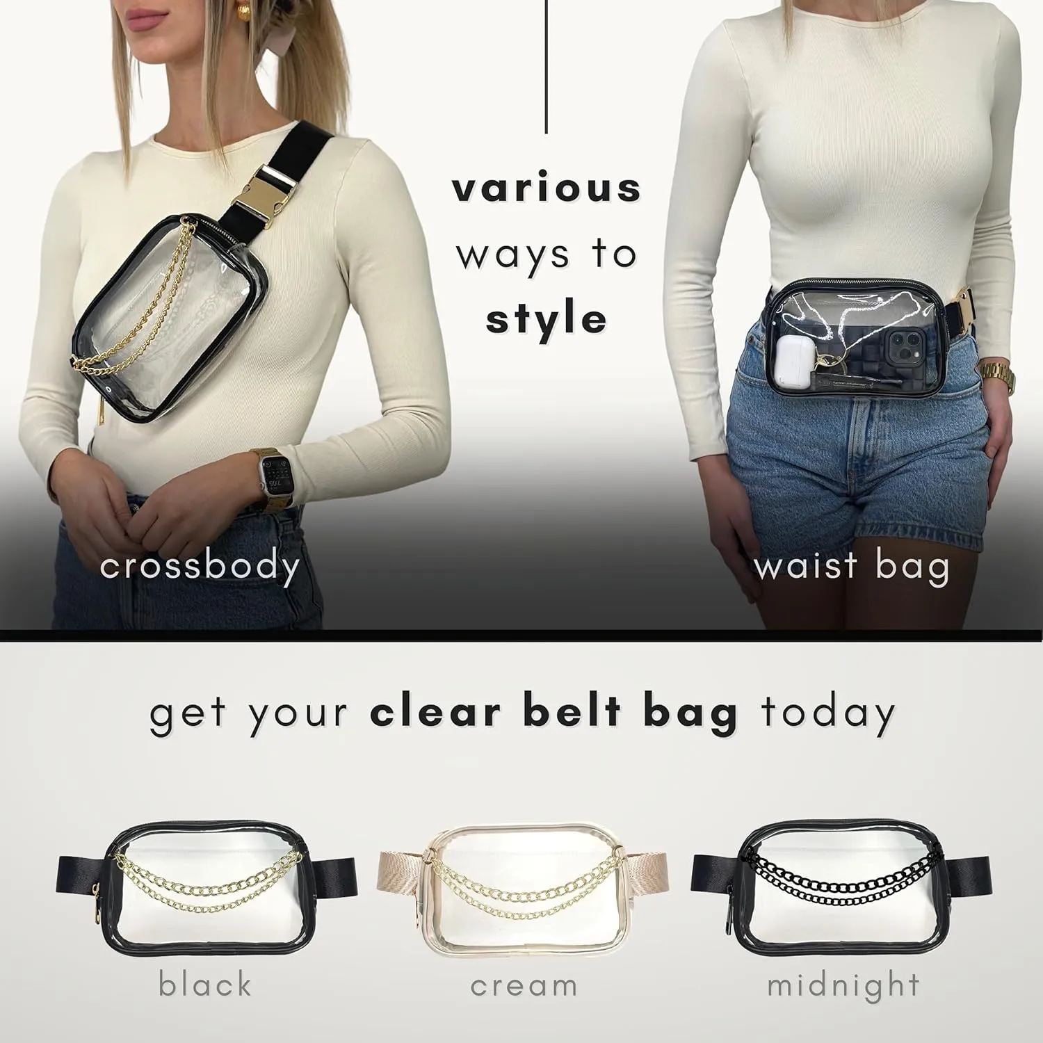 Boutique Luxury Chain Belt Bag | Crossbody Bag Leather Fanny Pack for Women Fashionable | Extended Plus Size | Everywhere Waist Pack | Small Chest Bag (Small Strap Length, Black | Clear)