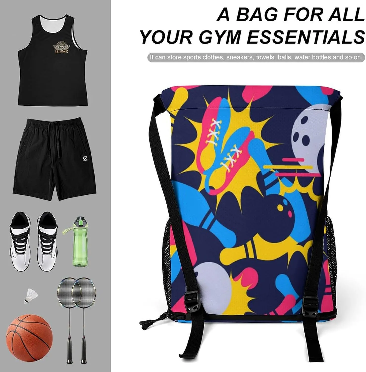 Bowling Balls Drawstring Bag Mens Womens Casual String Back Durable Drawstring Bags Sports Drawstring Backpack Hiking Sacks Classic String Packs Yoga Backpacks
