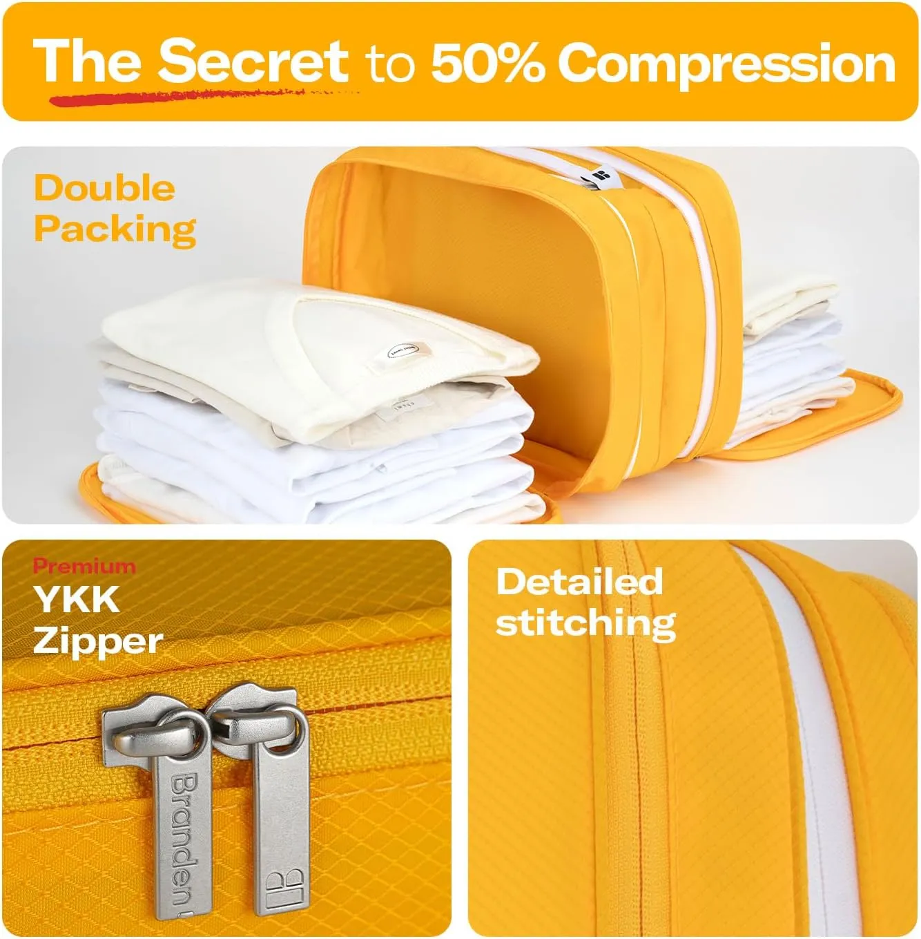 Branden Compression Packing Cubes 24" B Set | S L XL, Yellow, 3pcs l Travel Essentials l Organizer Set for Suitcase,Luggage l Overnight Trip, Road Trip, Beach, Cruise