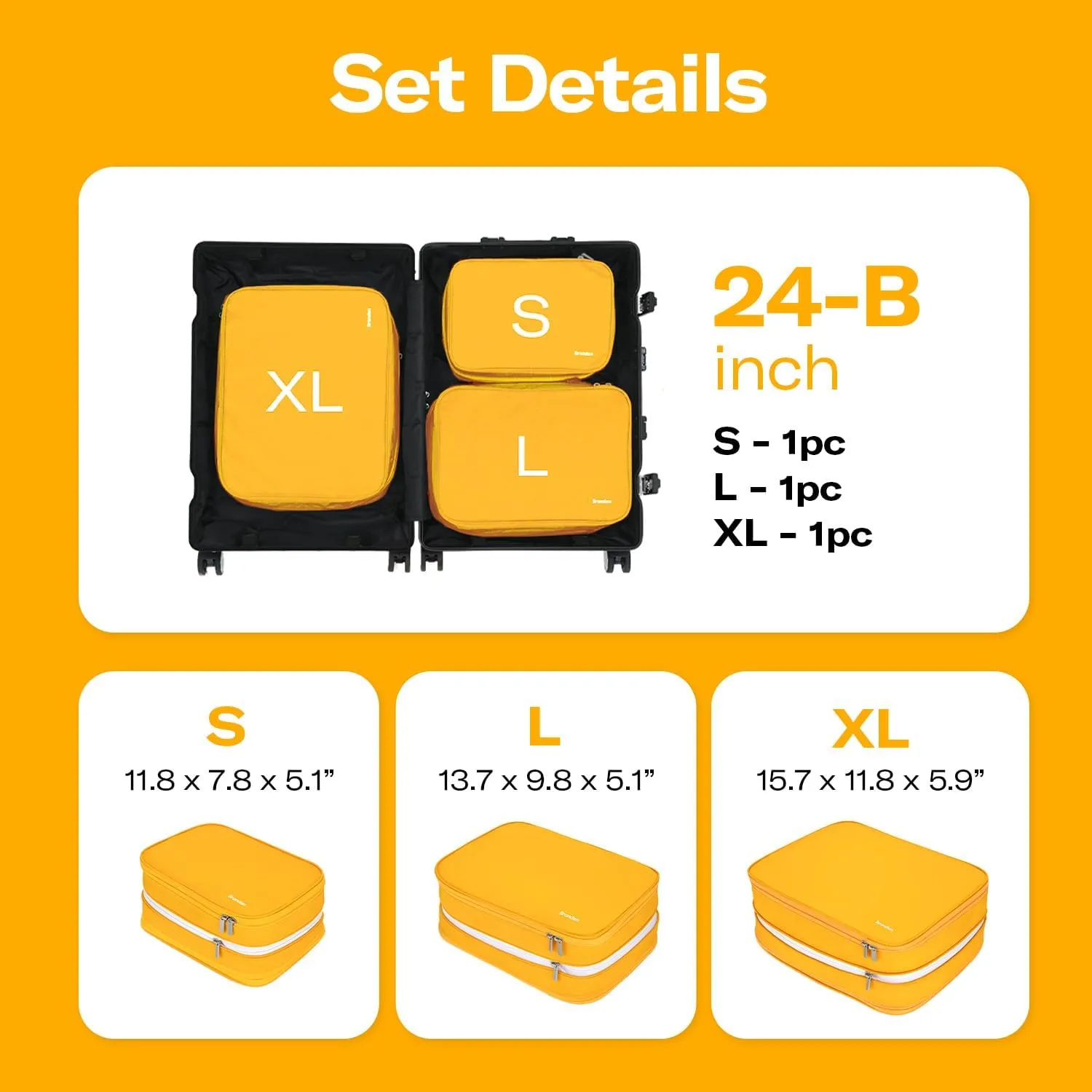 Branden Compression Packing Cubes 24" B Set | S L XL, Yellow, 3pcs l Travel Essentials l Organizer Set for Suitcase,Luggage l Overnight Trip, Road Trip, Beach, Cruise