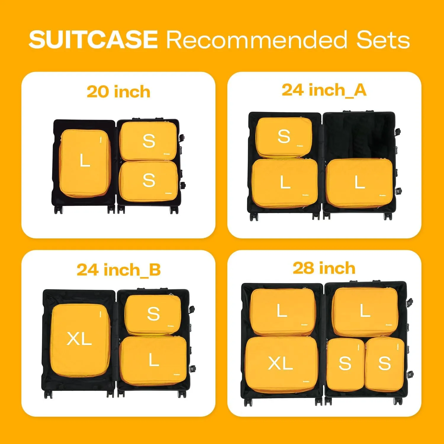 Branden Compression Packing Cubes 24" B Set | S L XL, Yellow, 3pcs l Travel Essentials l Organizer Set for Suitcase,Luggage l Overnight Trip, Road Trip, Beach, Cruise