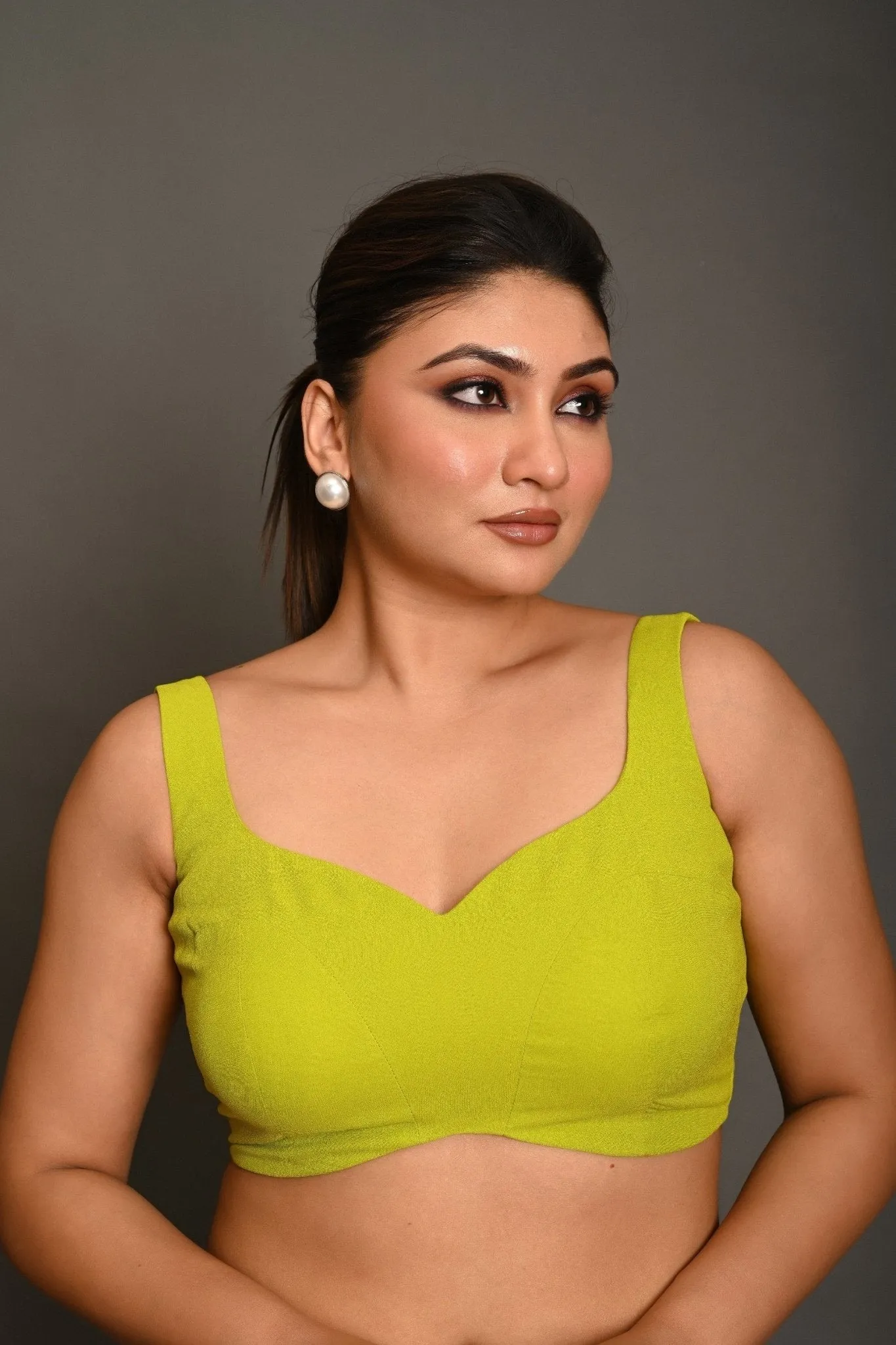 Bright Green Sleeveless Blouse in Georgette with Sweetheart Neckline