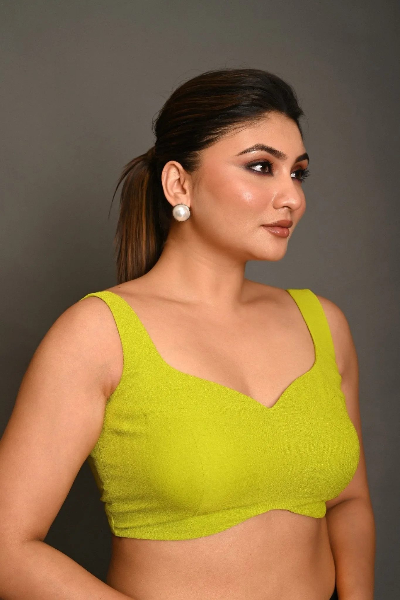 Bright Green Sleeveless Blouse in Georgette with Sweetheart Neckline