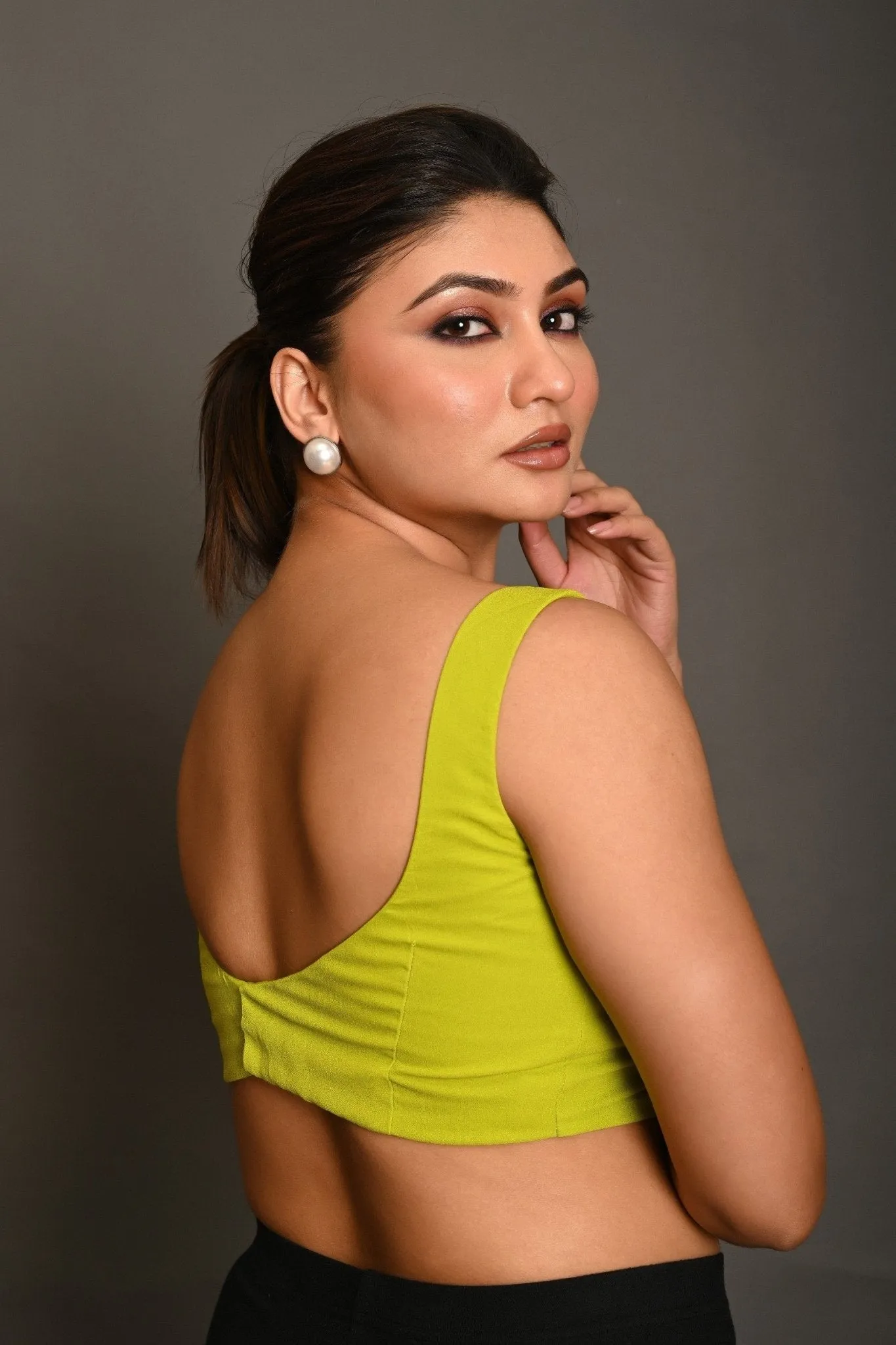 Bright Green Sleeveless Blouse in Georgette with Sweetheart Neckline