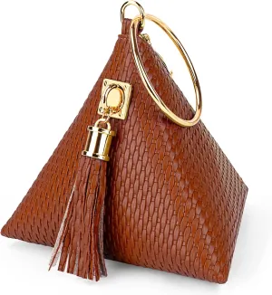 bvya Leather Triangle Wristlet Clutch Purse Handbag - Pyramid Evening Cocktail Wallet Tassel Charm