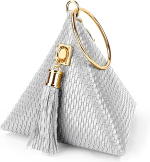 bvya Leather Triangle Wristlet Clutch Purse Handbag - Pyramid Evening Cocktail Wallet Tassel Charm