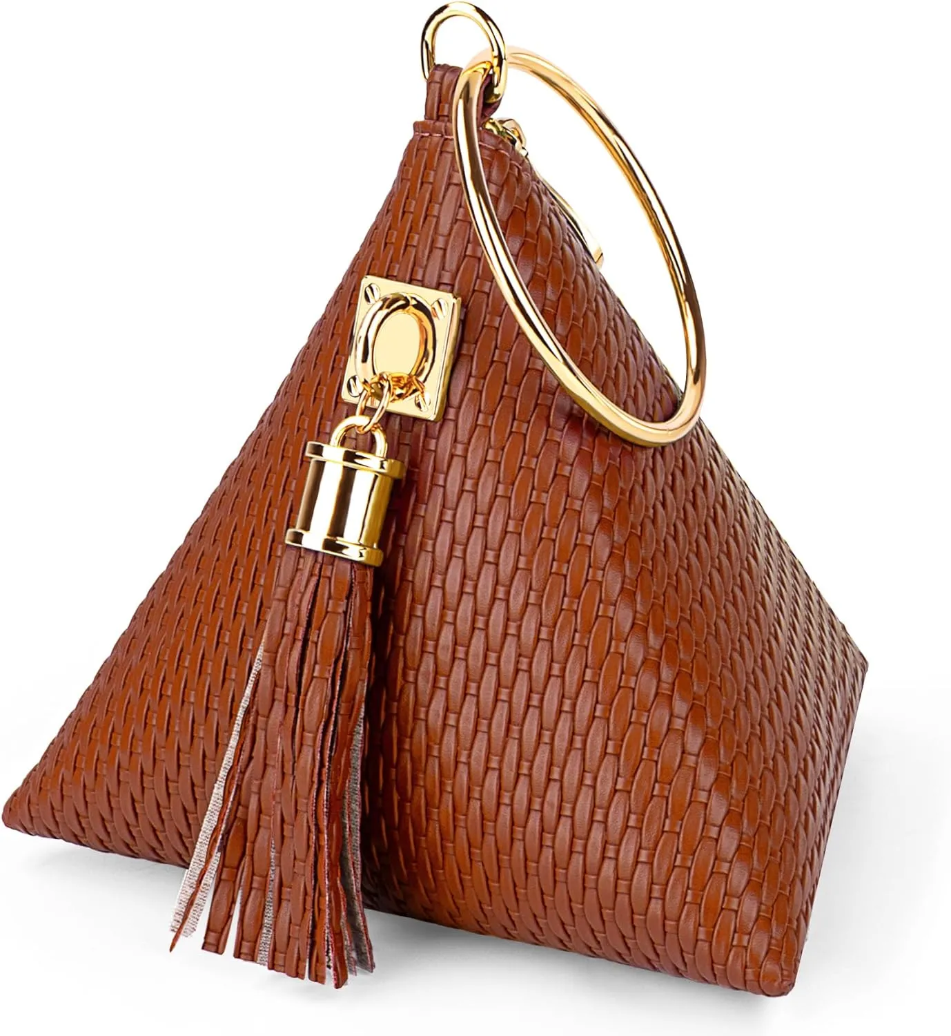 bvya Leather Triangle Wristlet Clutch Purse Handbag - Pyramid Evening Cocktail Wallet Tassel Charm