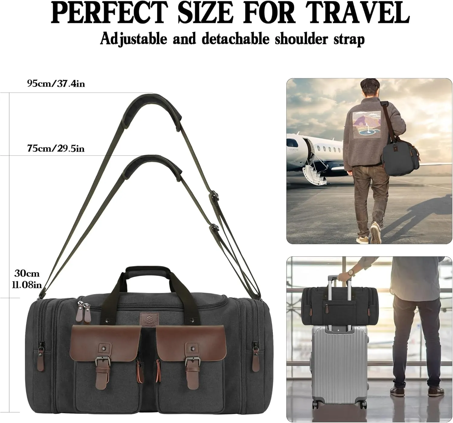 Canvas Duffle Bag for Men 50L Travel Duffel Bags Expandable Genuine Leather Overnight Weekender Carry On Bag Two Zipper Pockets Travel Bag (Black, Large-50L)