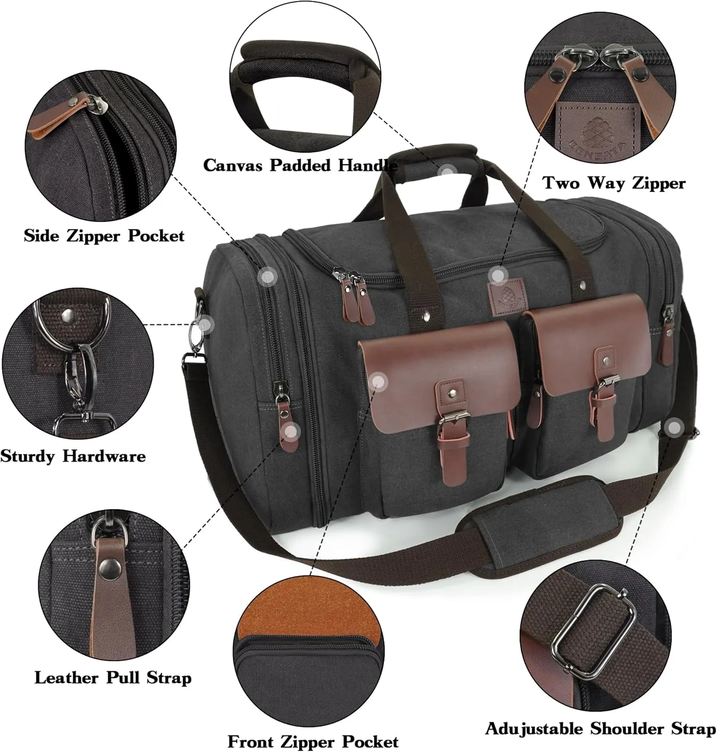 Canvas Duffle Bag for Men 50L Travel Duffel Bags Expandable Genuine Leather Overnight Weekender Carry On Bag Two Zipper Pockets Travel Bag (Black, Large-50L)