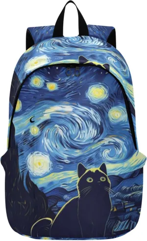 CHIFIGNO Cute Cat Starry Night Fashion Casual Womens Backpack Cute Daypack Cool Teen Backpacks for Girls