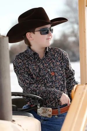 CINCH BOY'S PAISLEY PRINT BUTTON SHIRT - NAVY / ORANGE