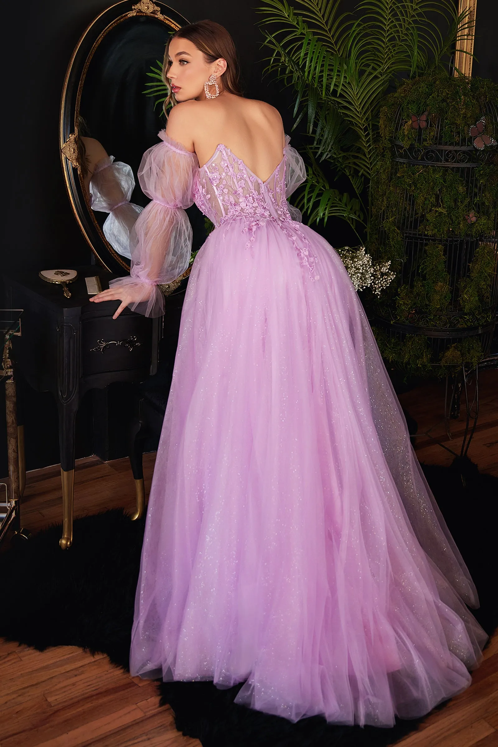 CINDERELLA DIVINE CD997 A-Line 3D Floral Puff Sleeve Gown