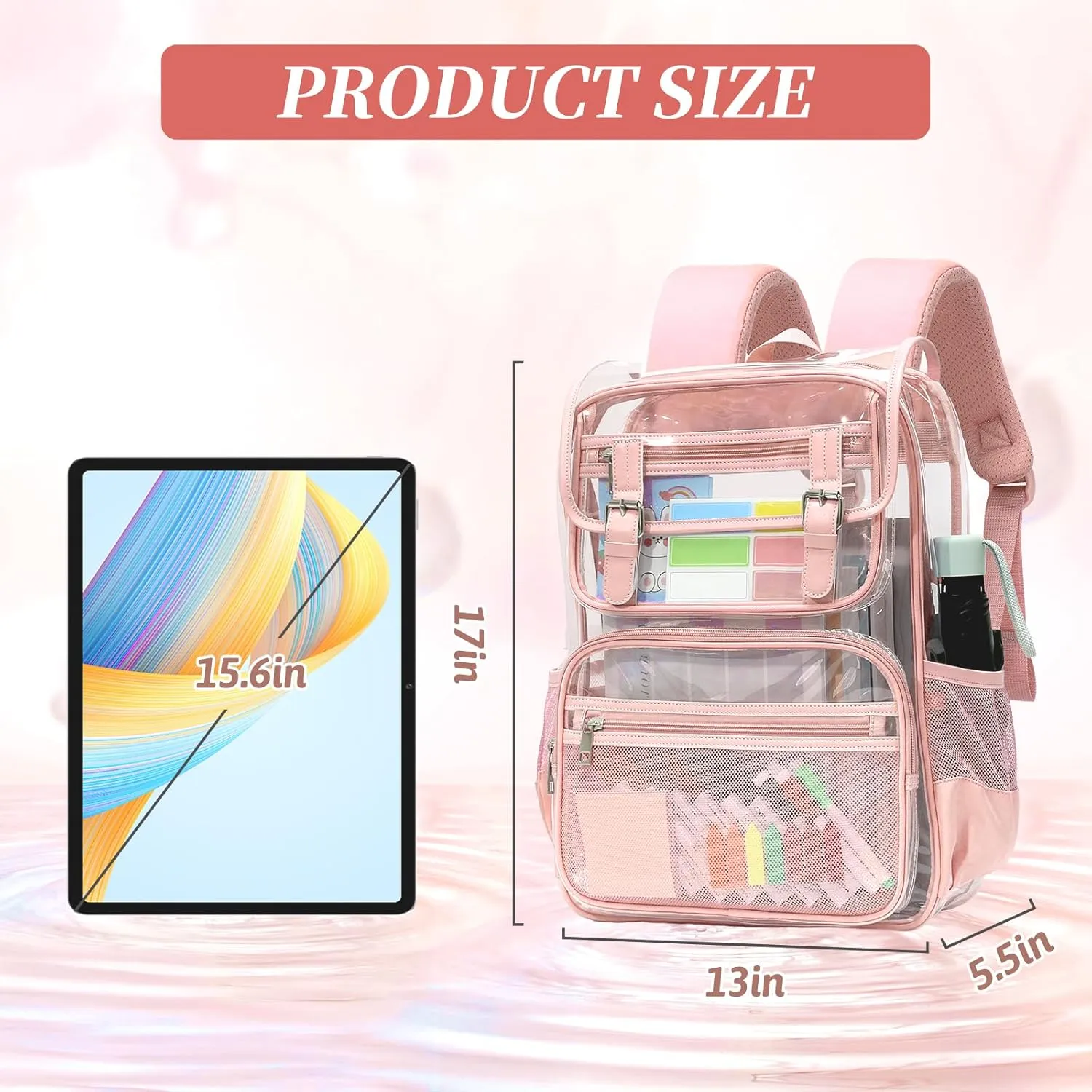 Clear Backpack Heavy Duty for Girls, Thick PVC Transparent Bookbag with Leather Trim, Stadium Approved Clear Backpacks, Large Capacity See Through Backpacks for School Travel (Pink)