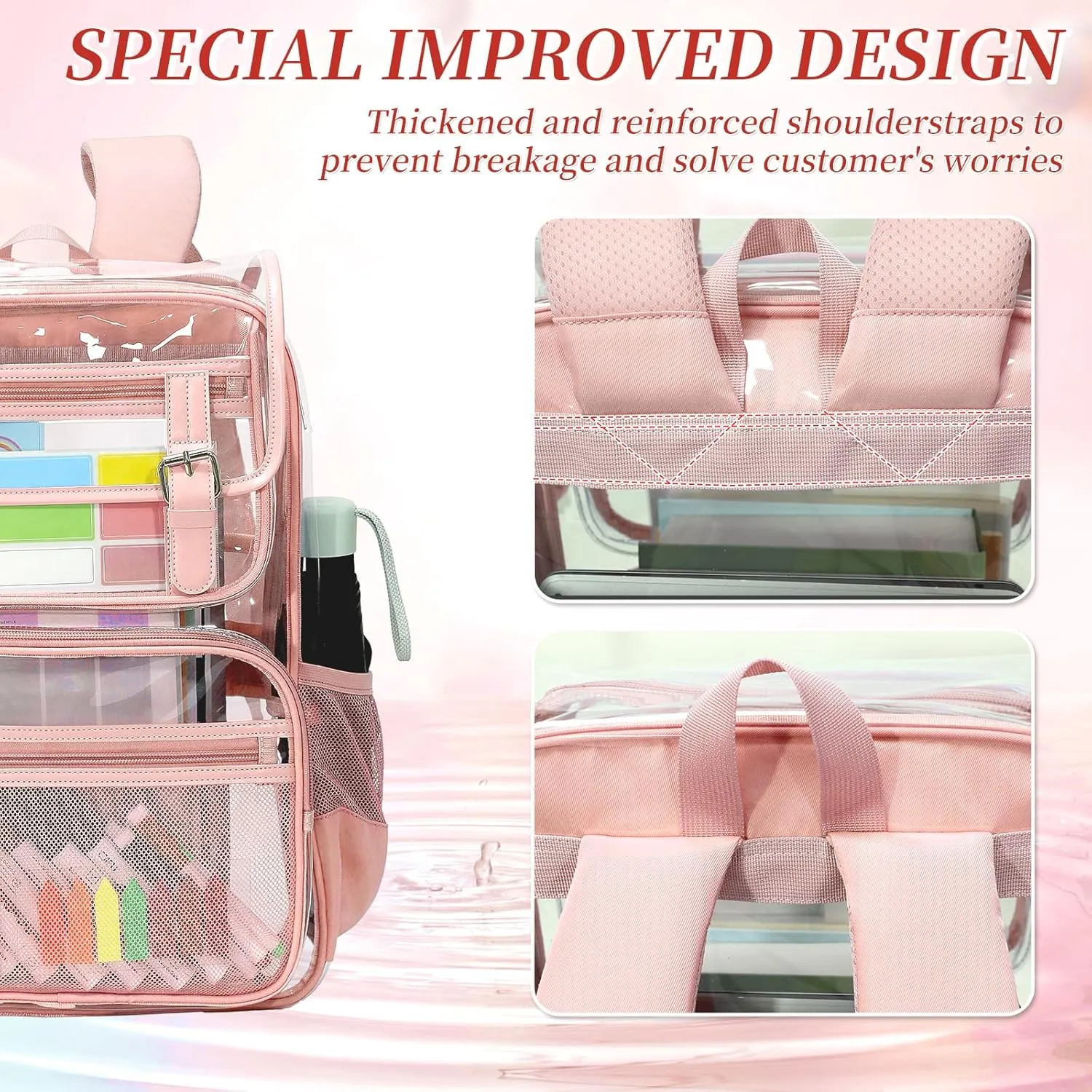 Clear Backpack Heavy Duty for Girls, Thick PVC Transparent Bookbag with Leather Trim, Stadium Approved Clear Backpacks, Large Capacity See Through Backpacks for School Travel (Pink)
