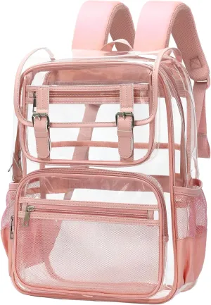 Clear Backpack Heavy Duty for Girls, Thick PVC Transparent Bookbag with Leather Trim, Stadium Approved Clear Backpacks, Large Capacity See Through Backpacks for School Travel (Pink)