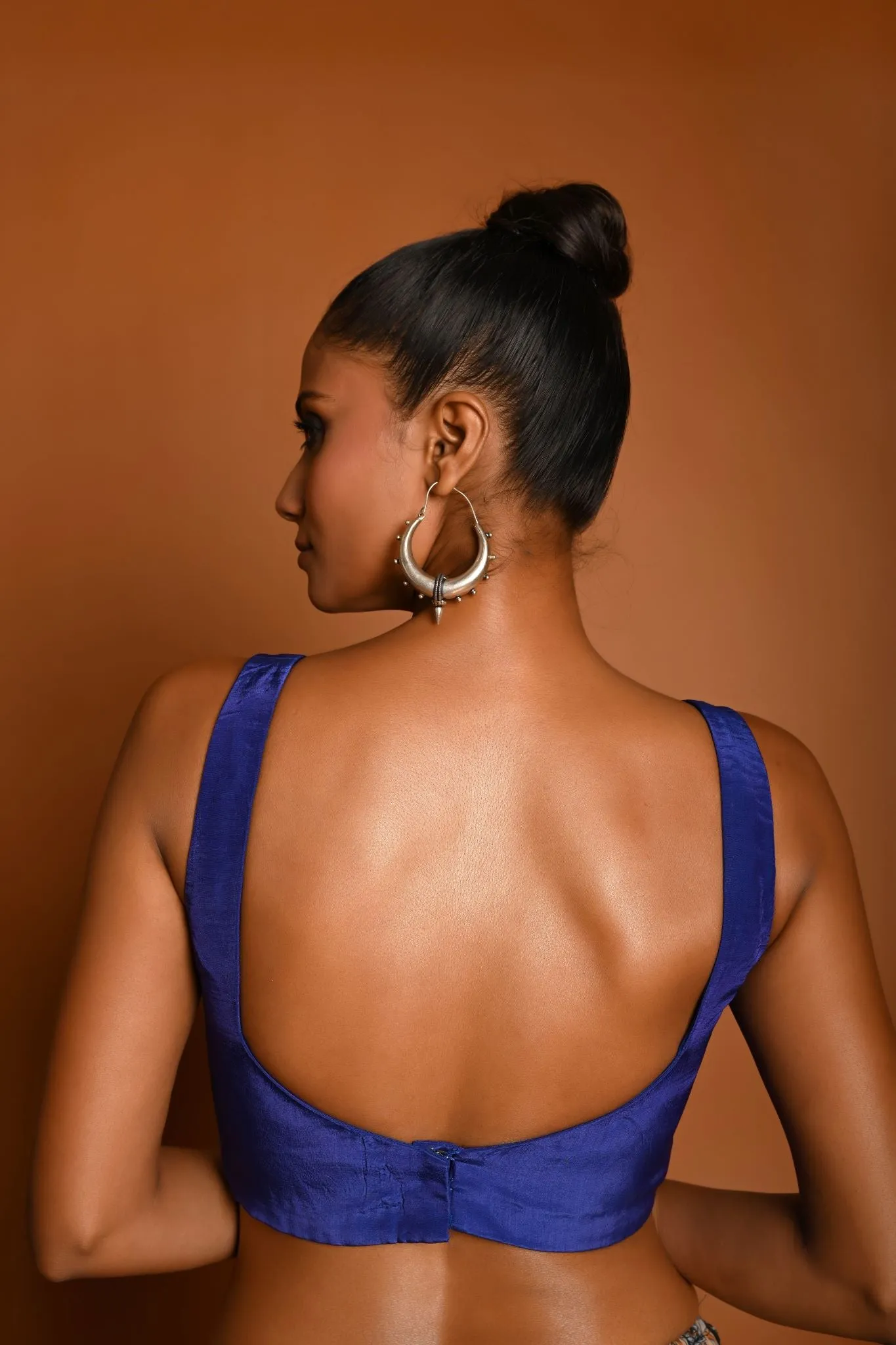 Cobalt Blue Crepe Silk Sleeveless Butterfly Blouse with Sweetheart Neckline