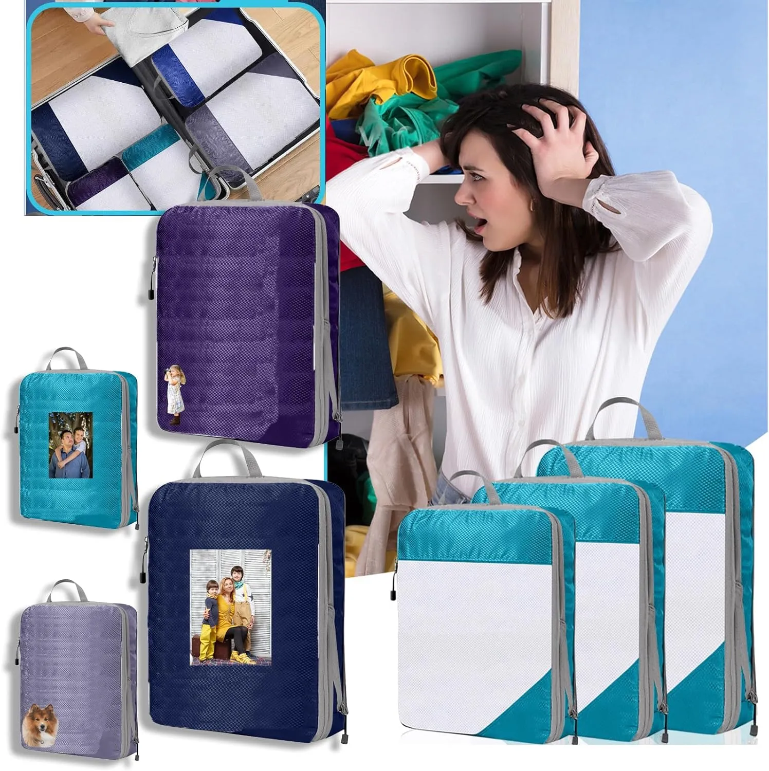 Compression Packing Cubes for Travel, Personalized Design Your Picture Names Expandable Packing Organizers, Carry On Luggage Suitcase Organizer Bags as Travel Accessories