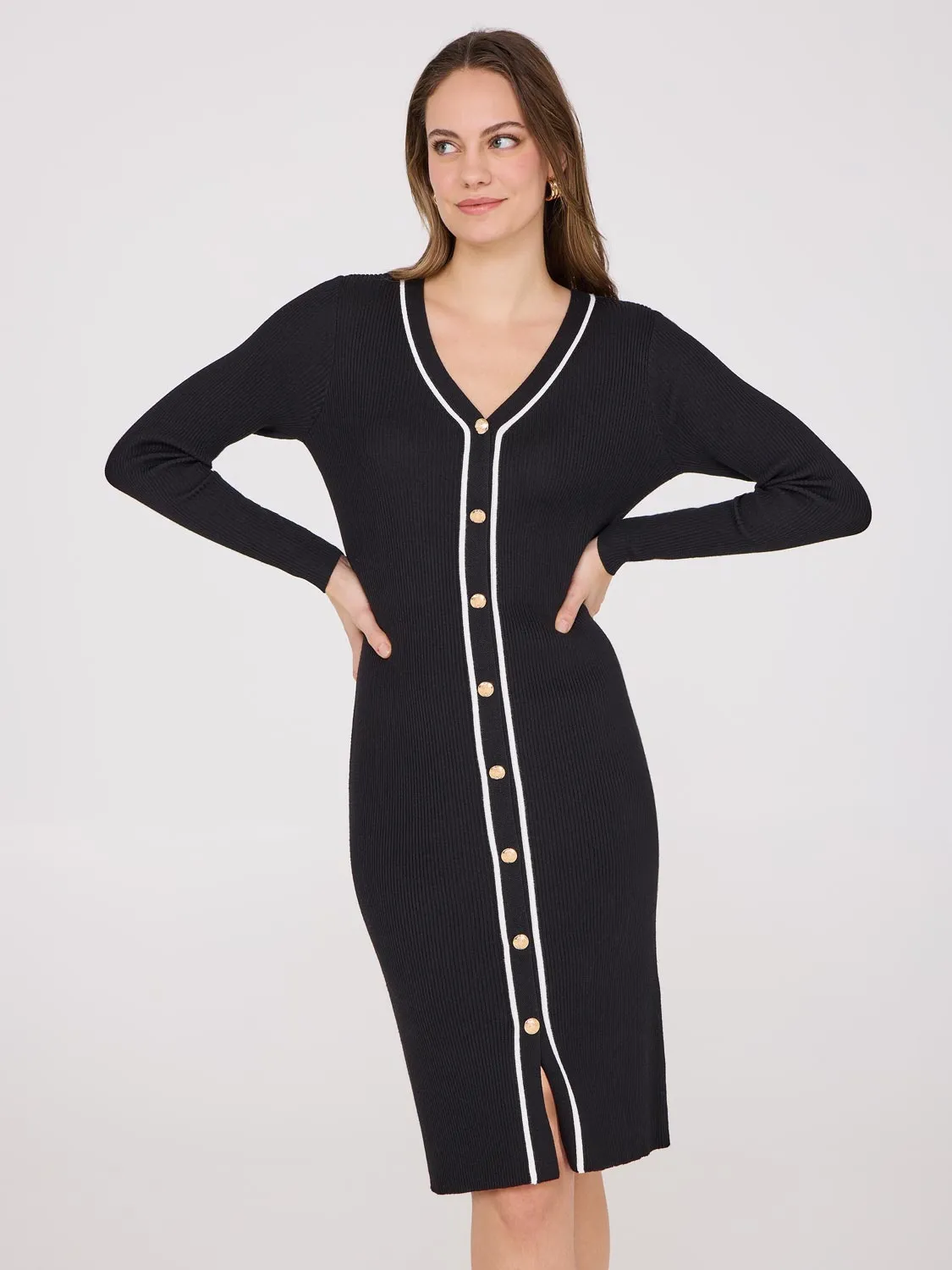 Contrast Piping Midi Sweater Dress