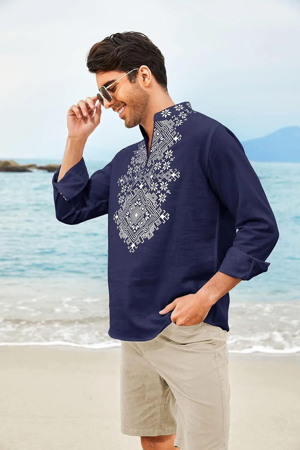 COOFANDY Men's Henley Shirt Vyshyvanka Long Sleeve African Print Shirts Casual Zip Up Cotton Linen Beach Hippie Shirt