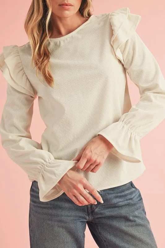 Corduroy Round Neck Ruffled Flounce Sleeve Blouse-SHIPS DIRECTLY TO YOU!