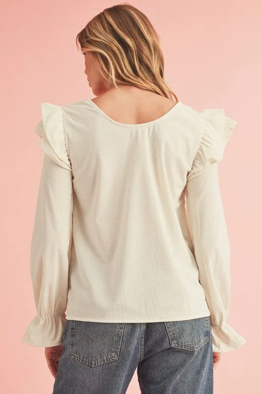 Corduroy Round Neck Ruffled Flounce Sleeve Blouse-SHIPS DIRECTLY TO YOU!