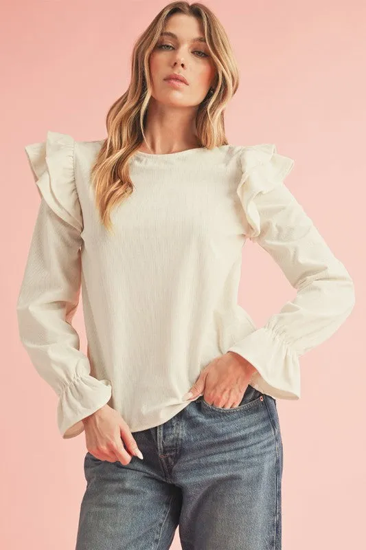 Corduroy Round Neck Ruffled Flounce Sleeve Blouse-SHIPS DIRECTLY TO YOU!