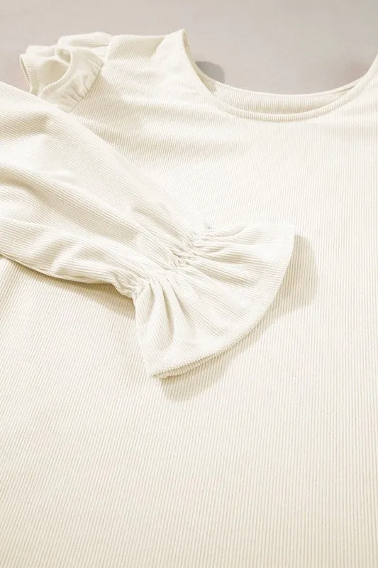 Corduroy Round Neck Ruffled Flounce Sleeve Blouse-SHIPS DIRECTLY TO YOU!