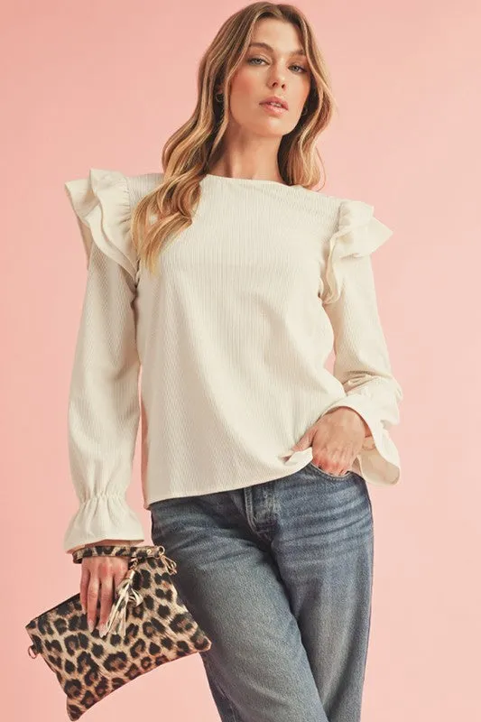Corduroy Round Neck Ruffled Flounce Sleeve Blouse-SHIPS DIRECTLY TO YOU!