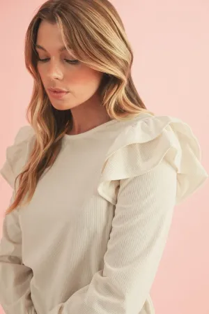 Corduroy Round Neck Ruffled Flounce Sleeve Blouse-SHIPS DIRECTLY TO YOU!