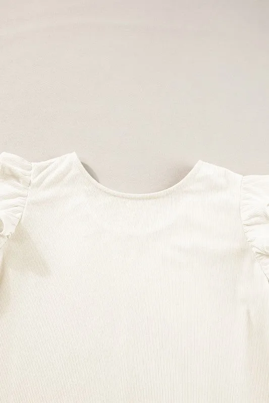 Corduroy Round Neck Ruffled Flounce Sleeve Blouse-SHIPS DIRECTLY TO YOU!