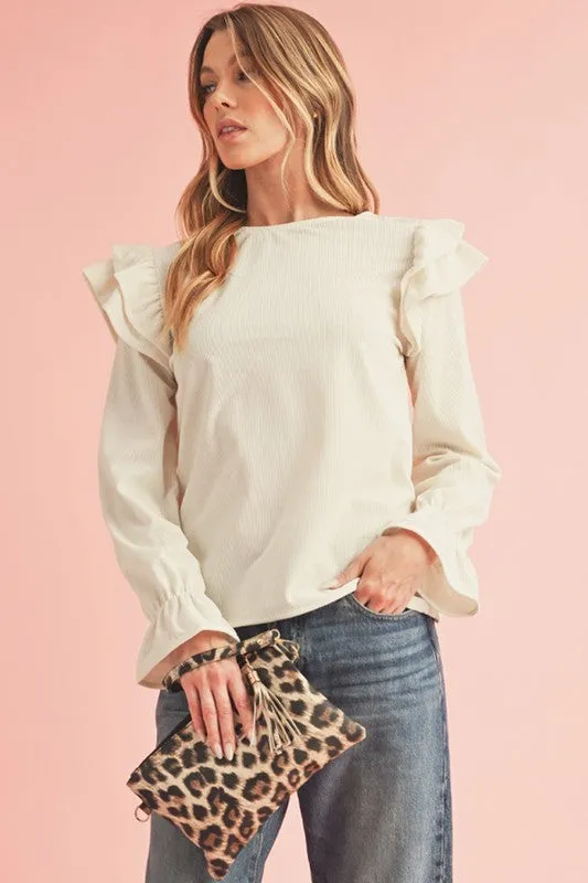 Corduroy Round Neck Ruffled Flounce Sleeve Blouse-SHIPS DIRECTLY TO YOU!