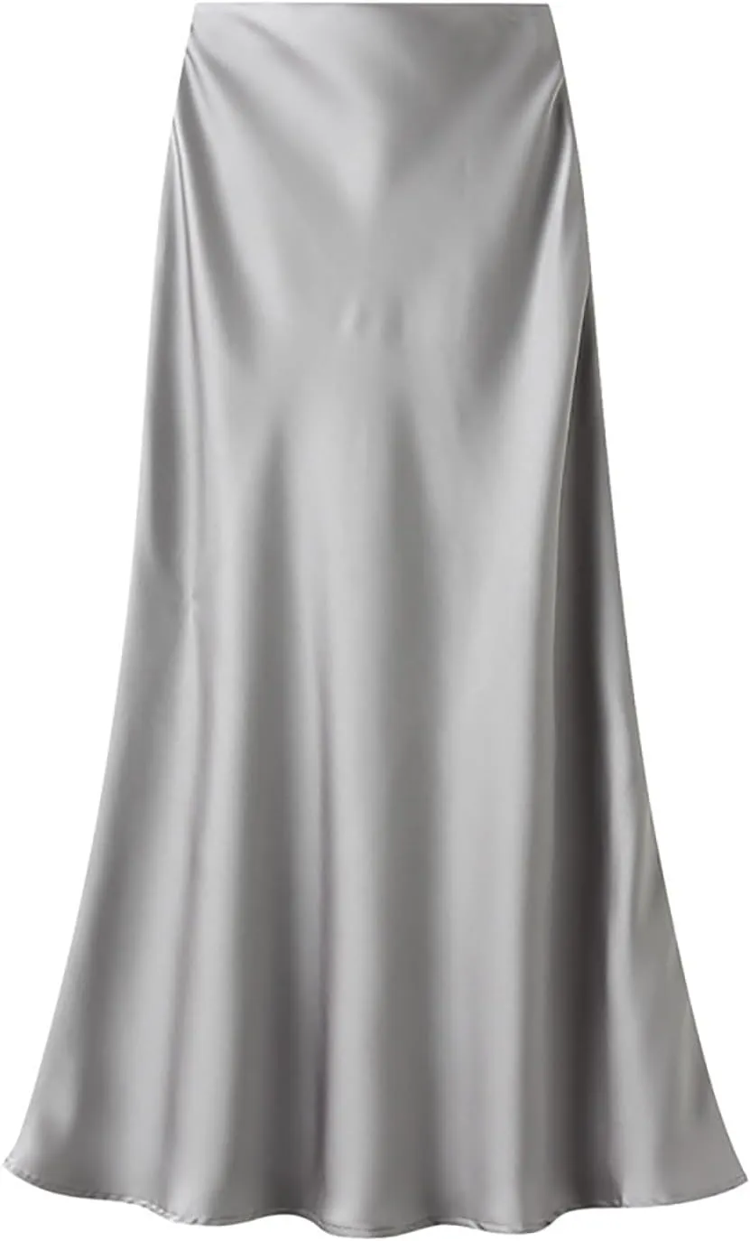 CORIRESHA Women's Elegant Satin Skirt High Waisted Flowy Work Mermaid Maxi Skirt