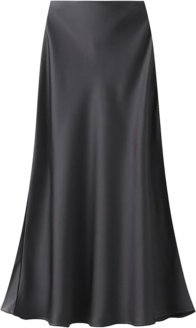 CORIRESHA Women's Elegant Satin Skirt High Waisted Flowy Work Mermaid Maxi Skirt