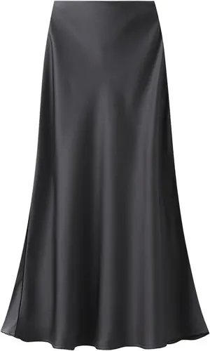 CORIRESHA Women's Elegant Satin Skirt High Waisted Flowy Work Mermaid Maxi Skirt