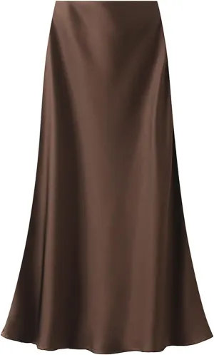 CORIRESHA Women's Elegant Satin Skirt High Waisted Flowy Work Mermaid Maxi Skirt