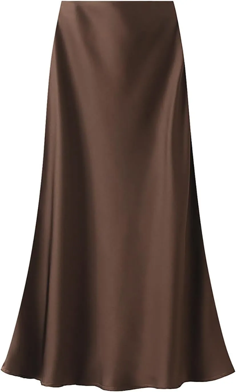CORIRESHA Women's Elegant Satin Skirt High Waisted Flowy Work Mermaid Maxi Skirt