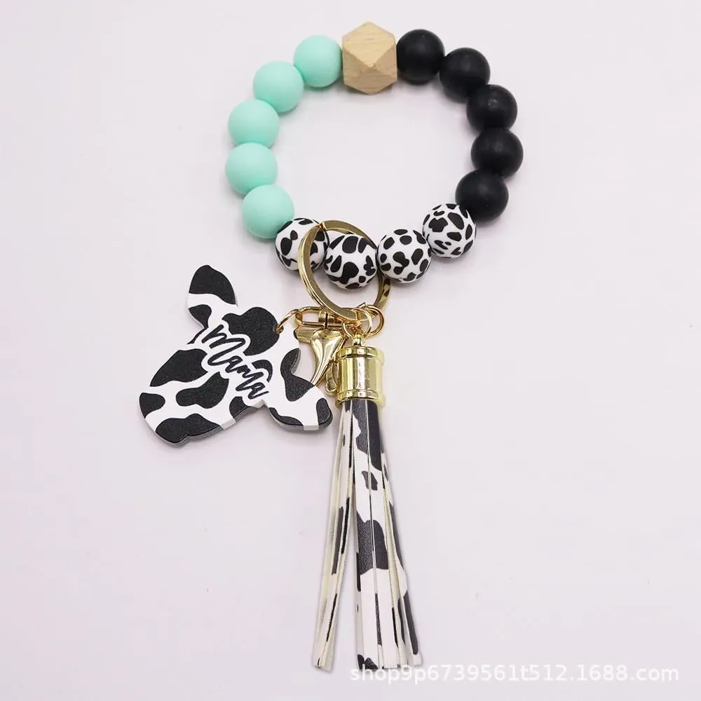 Cow Wristlet Keychain MAMA Silicone Beaded Tassel Bracelet Keyring Holder Wrist Lanyard Mothers Day Gift