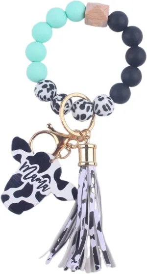 Cow Wristlet Keychain MAMA Silicone Beaded Tassel Bracelet Keyring Holder Wrist Lanyard Mothers Day Gift