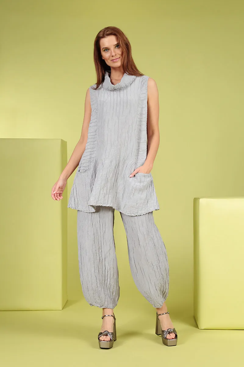 Cowl Neck Crinkled Lilac Grey Silk Tunic