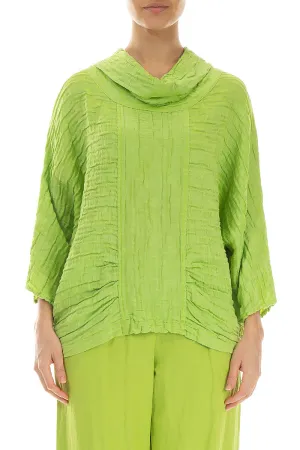 Cowl Neck Crinkled Lime Silk Blouse