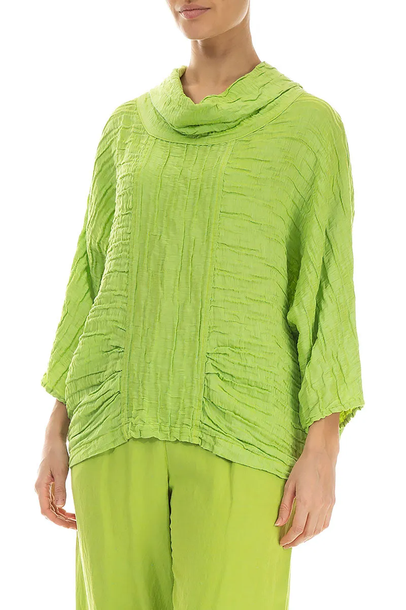 Cowl Neck Crinkled Lime Silk Blouse