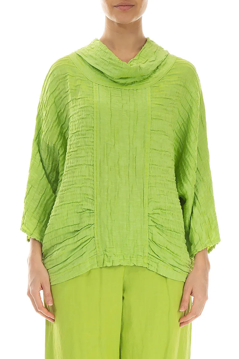 Cowl Neck Crinkled Lime Silk Blouse